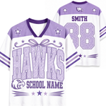 A white and purple custom sports jersey shown from both the front and back. The front features 'HAWKS' in large textured block letters, a purple V-neck collar, and 'SCHOOL NAME' at the bottom.