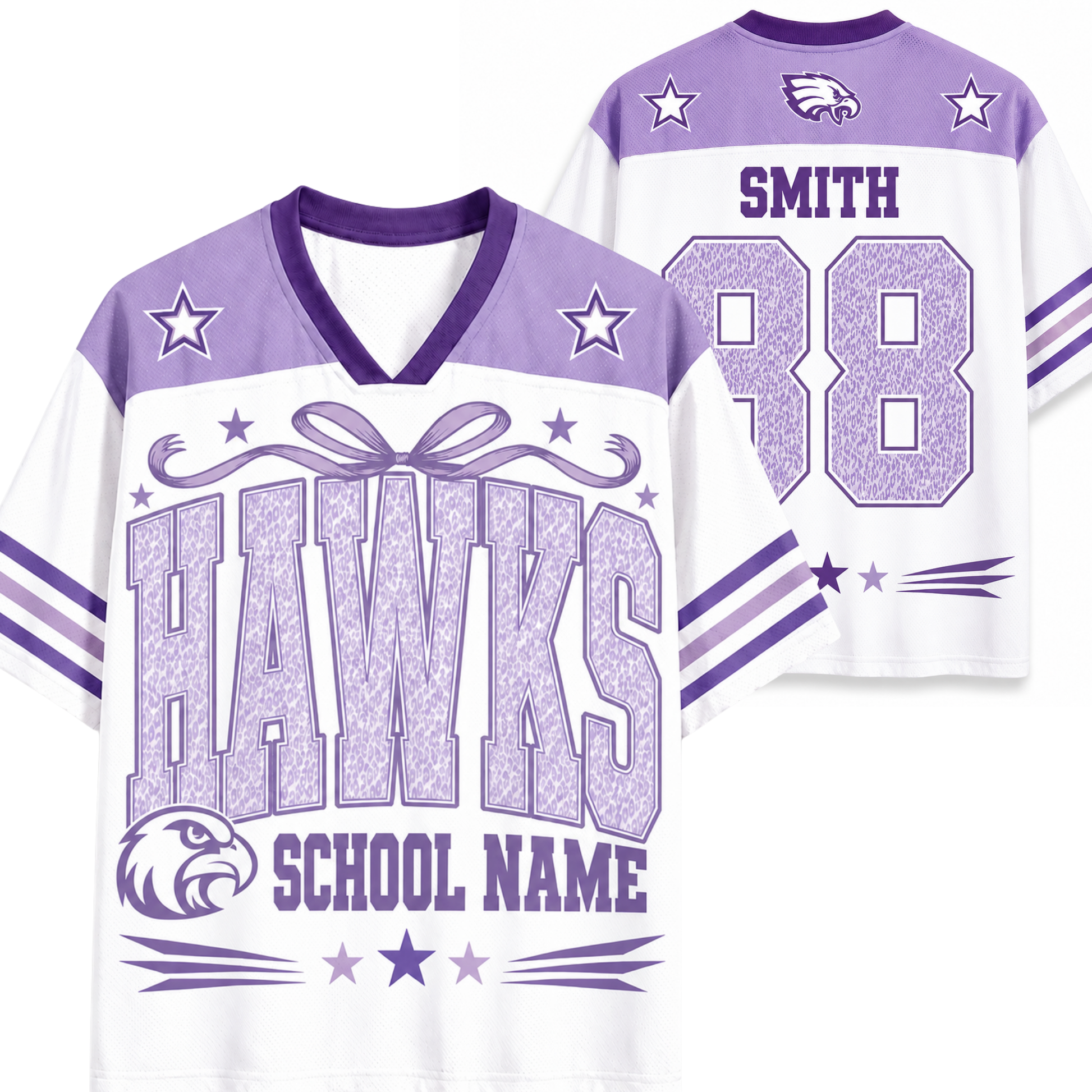 A white and purple custom sports jersey shown from both the front and back. The front features 'HAWKS' in large textured block letters, a purple V-neck collar, and 'SCHOOL NAME' at the bottom.