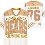 A custom football-style jersey shown from the front and back on a plain white background. The jersey is white with tan shoulder panels and gold trim, featuring large textured tan and gold 'BEARS' lettering, 'SCHOOL NAME' text, star details, and the name 'ANDERSON' with number '76' on the back.