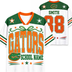 Custom Florida Gators themed sports jersey shown from both front and back views. The jersey features green and white color blocking with orange glitter-style lettering for 'GATORS' and the number '88' on the back.