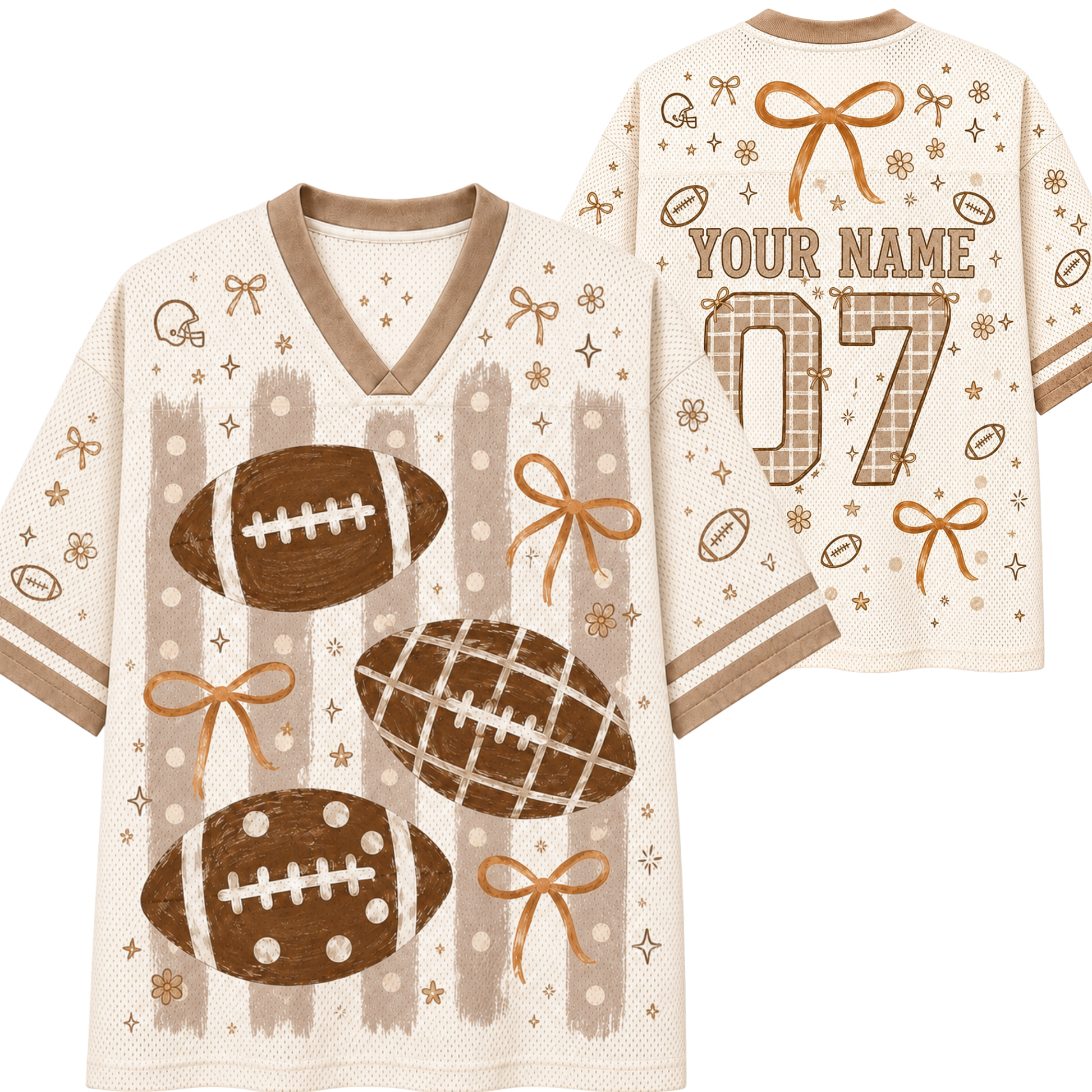 A custom football-themed jersey mockup showing both front and back views. The jersey has a cream mesh base with brown and tan graphics, including footballs, bows, stars, and stripes.
