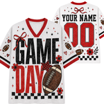 White mesh football jersey mockup showing front and back designs with 'GAME DAY' text, red and black lettering, football graphics, stars, hearts, and checkered trim on a plain white background.
