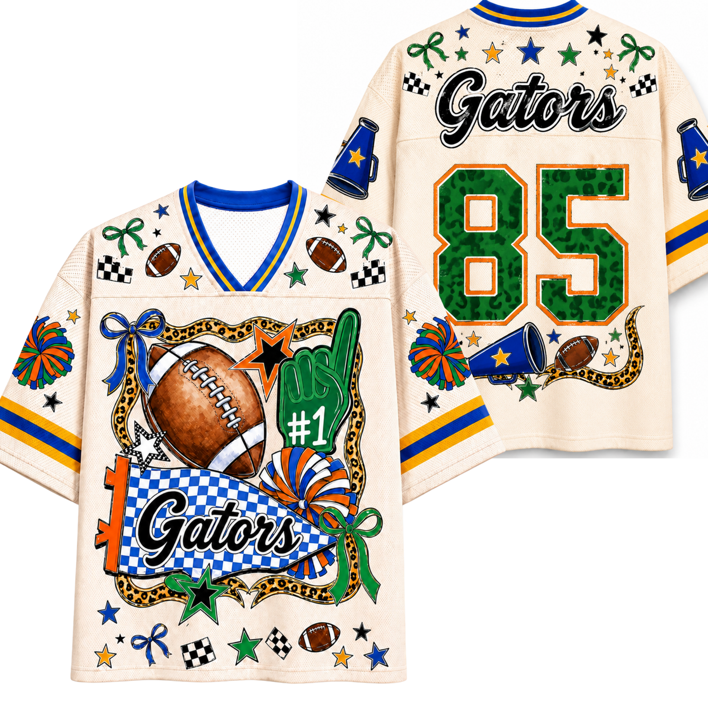 A custom football jersey shown from both the front and back. The jersey is cream-colored with blue and yellow stripes on the sleeves and collar.