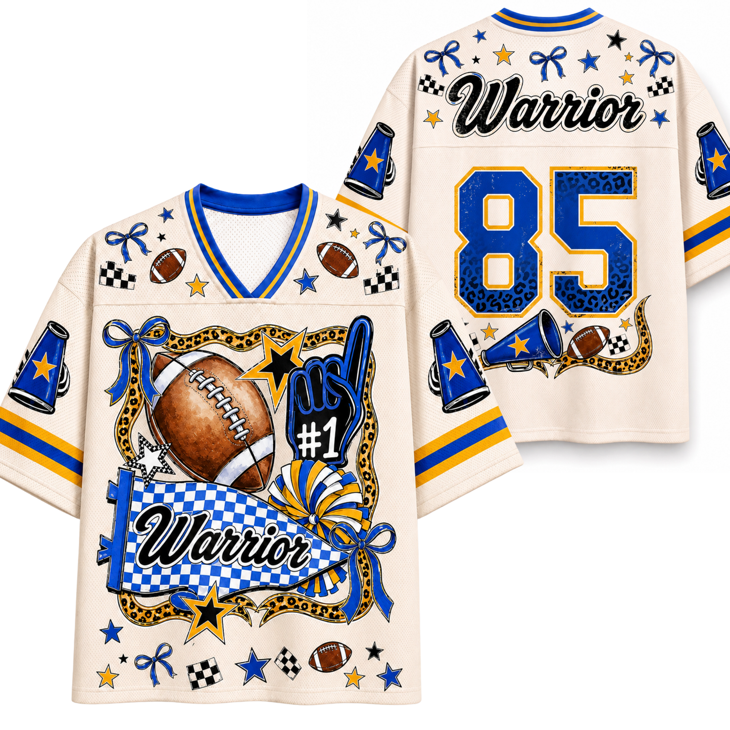 A custom football jersey shown from both the front and back views. The jersey is cream-colored with blue and yellow accents, featuring 'Warrior' and the number '85' in leopard-print blue and gold.