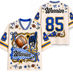 A custom football jersey shown from both the front and back views. The jersey is cream-colored with blue and yellow accents, featuring 'Warrior' and the number '85' in leopard-print blue and gold.