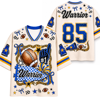 A custom football jersey shown from both the front and back views. The jersey is cream-colored with blue and yellow accents, featuring 'Warrior' and the number '85' in leopard-print blue and gold.