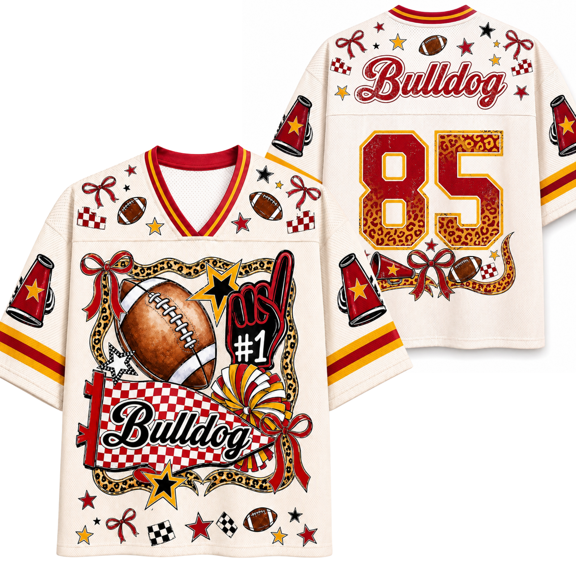 A white football-themed custom jersey shown from both front and back. The jersey features 'Bulldog' and the number '85' in leopard print, decorated with footballs, stars, checkered patterns, and red bows.