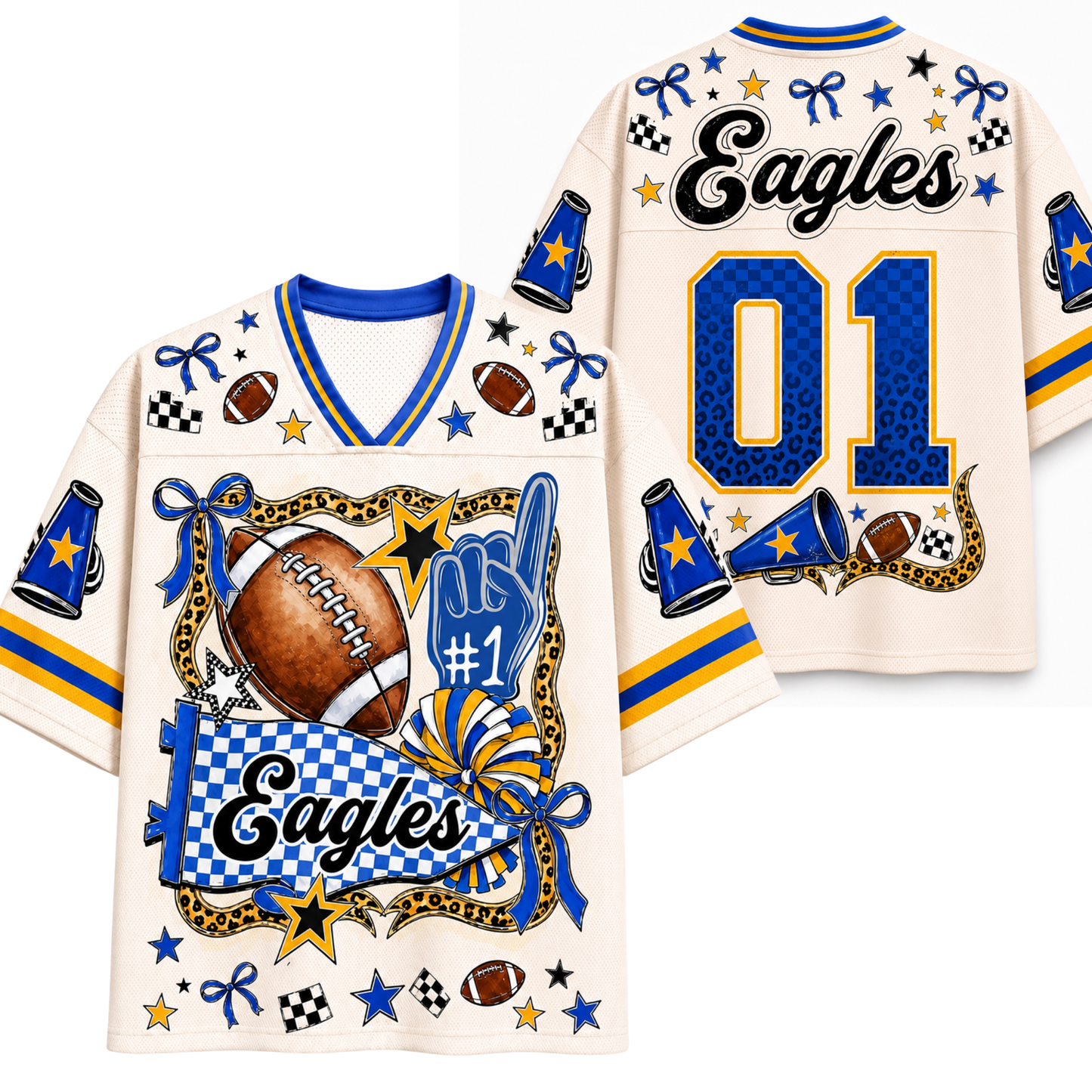Front and back views of a custom football-themed jersey. The jersey is cream-colored with blue and yellow accents, featuring the word 'Eagles' in script, the number '01', and various football motifs like a brown football, blue foam finger, blue-and-white checkered banner, and blue, yellow, and black stars and bows.