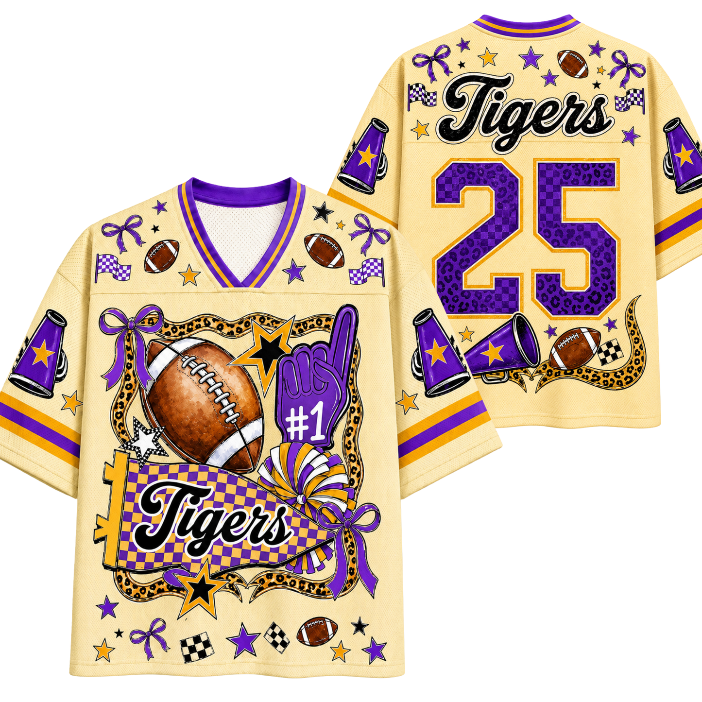 A custom football jersey shown from both the front and back. The jersey is a pale yellow color with purple and gold accents, featuring the word 'Tigers', the number '25', and various football-themed graphics including a football, purple foam finger, stars, and checkered patterns.