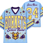 Custom light blue and purple Hornets sports jersey shown from both front and back, featuring yellow number 24, 'School Name' text, stars, pom-pom details, and a hornet mascot graphic.