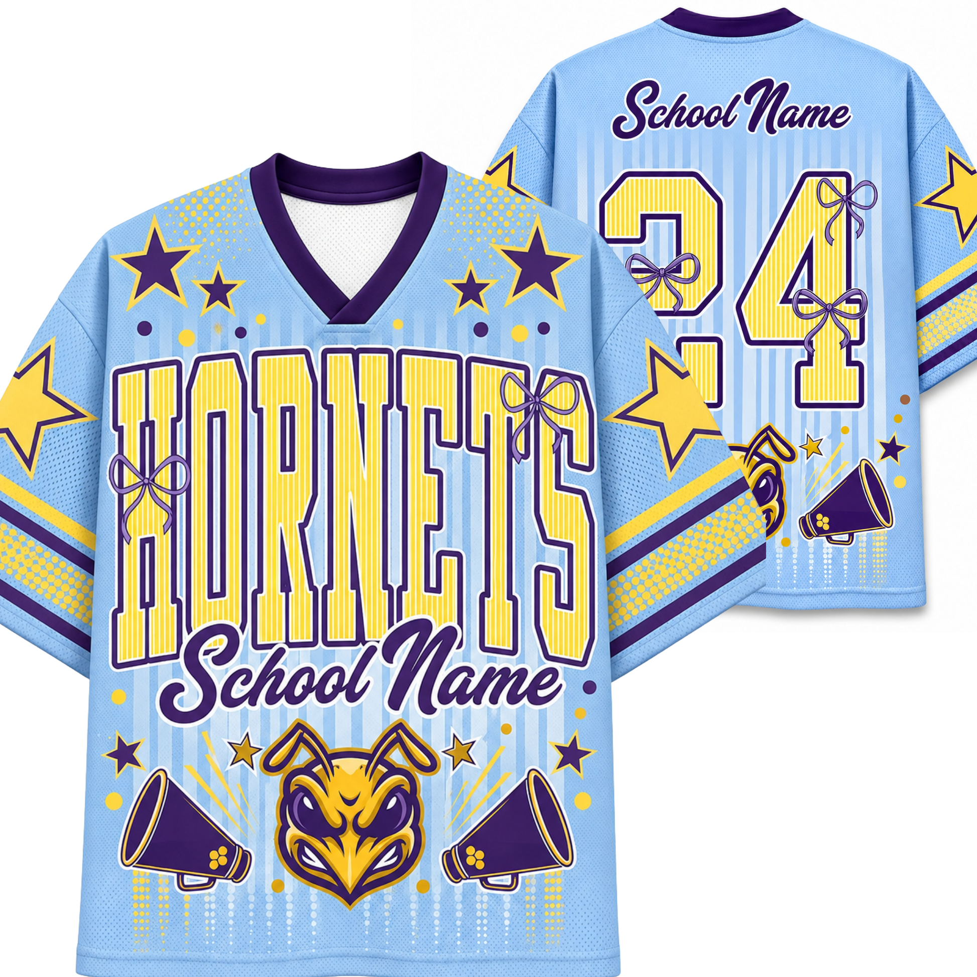 Custom light blue and purple Hornets sports jersey shown from both front and back, featuring yellow number 24, 'School Name' text, stars, pom-pom details, and a hornet mascot graphic.