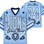 Custom light blue football jersey shown from the front and back, featuring 'LIONS' and 'School Name' on the front, a large number '34' on the back, lion head graphics, stars, and bow details.