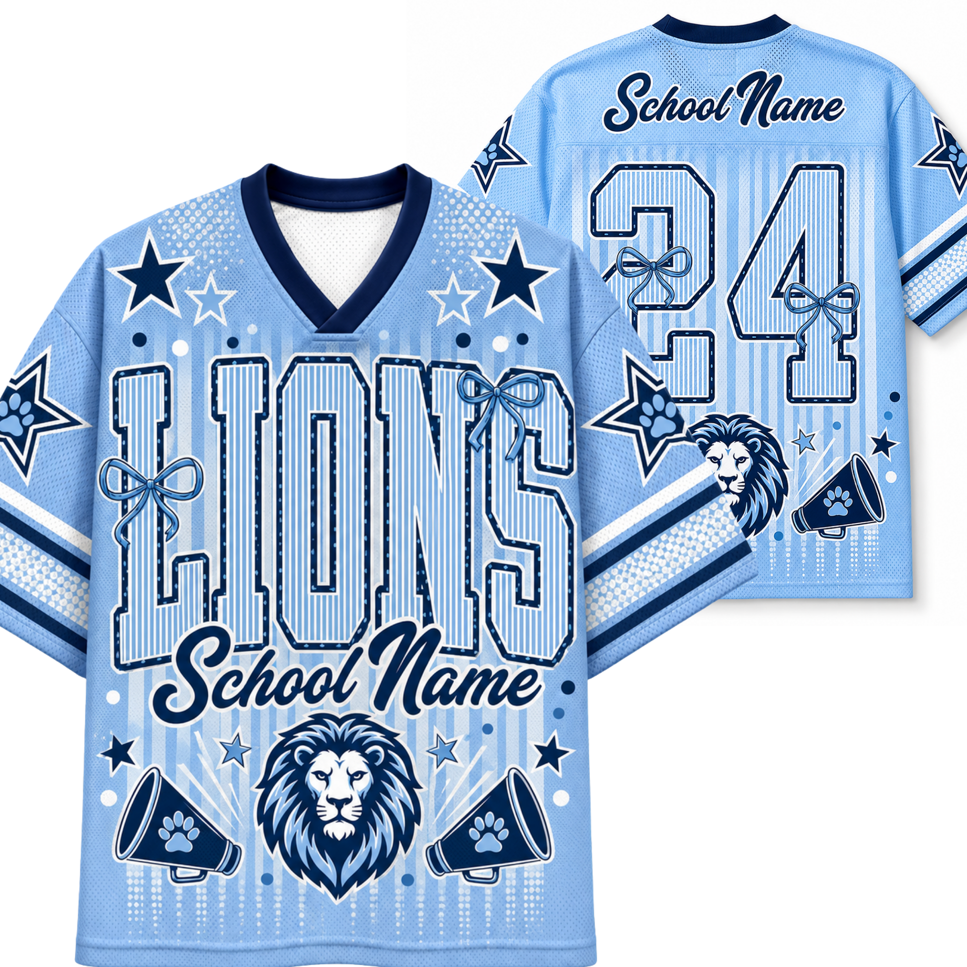 Custom light blue football jersey shown from the front and back, featuring 'LIONS' and 'School Name' on the front, a large number '34' on the back, lion head graphics, stars, and bow details.