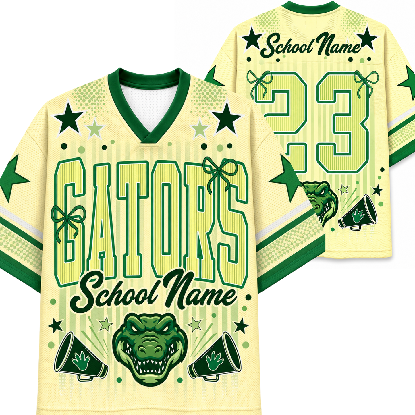 A custom V-neck athletic jersey shown from both front and back views. The jersey has a pale yellow base with green and light yellow graphics, including the word 'GATORS' on the front, a green alligator head, stars, and the number '23' on the back.