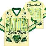 A custom V-neck athletic jersey shown from both front and back views. The jersey has a pale yellow base with green and light yellow graphics, including the word 'GATORS' on the front, a green alligator head, stars, and the number '23' on the back.