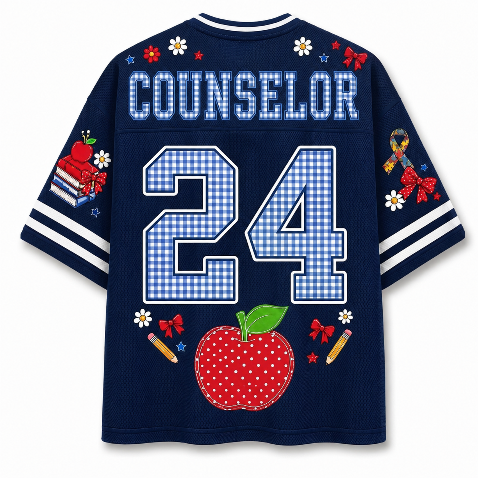 Back view of the customizable Chaotic Club jersey showcasing 'COUNSELOR' title above a large gingham patterned number 24 with red apple accents.