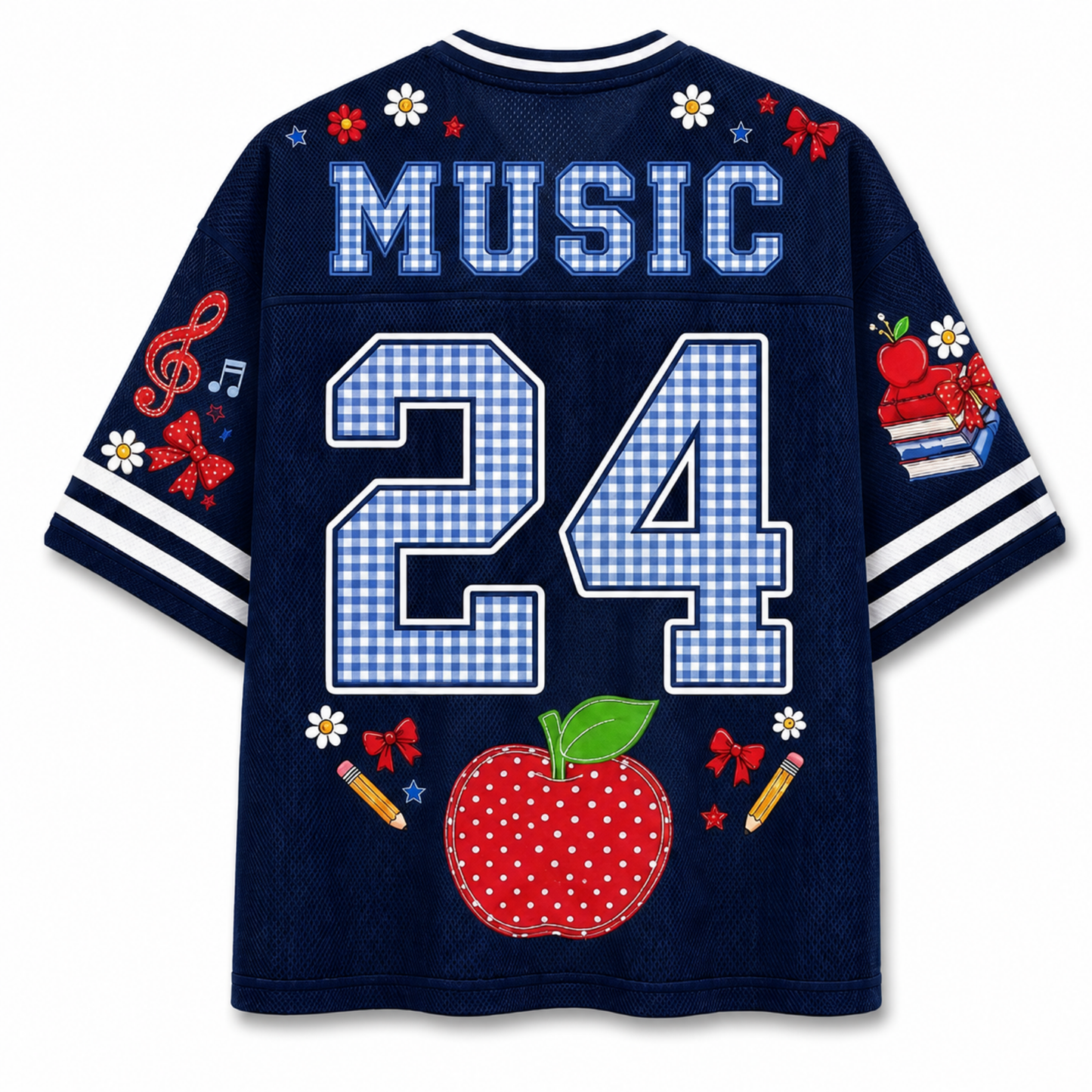 Back view of the customizable Chaotic Club jersey showcasing 'MUSIC' title above a large gingham patterned number 24 with red apple accents.