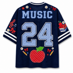 Back view of the customizable Chaotic Club jersey showcasing 'MUSIC' title above a large gingham patterned number 24 with red apple accents.