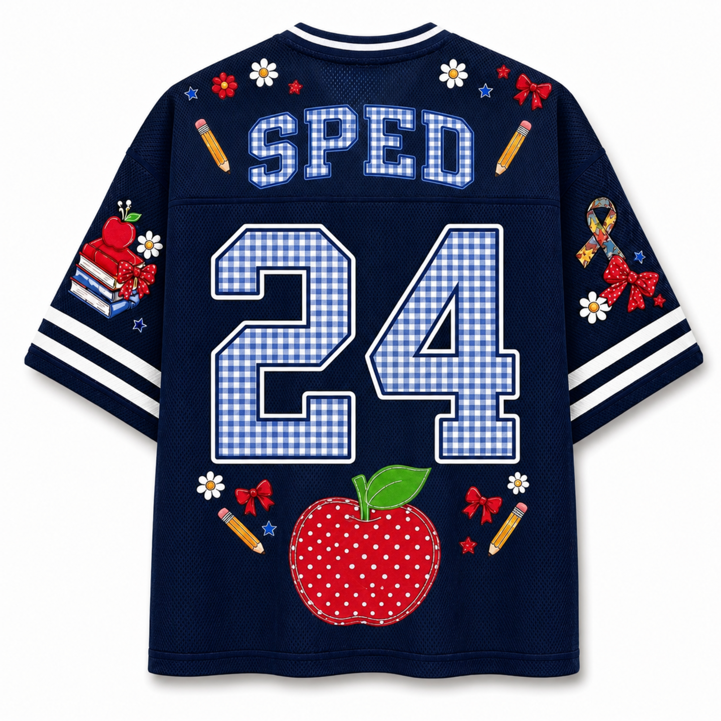 Back view of the customizable Chaotic Club jersey showcasing 'SPED' title above a large gingham patterned number 24 with red apple accents.