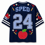 Back view of the customizable Chaotic Club jersey showcasing 'SPED' title above a large gingham patterned number 24 with red apple accents.