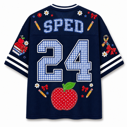Back view of the customizable Chaotic Club jersey showcasing 'SPED' title above a large gingham patterned number 24 with red apple accents.