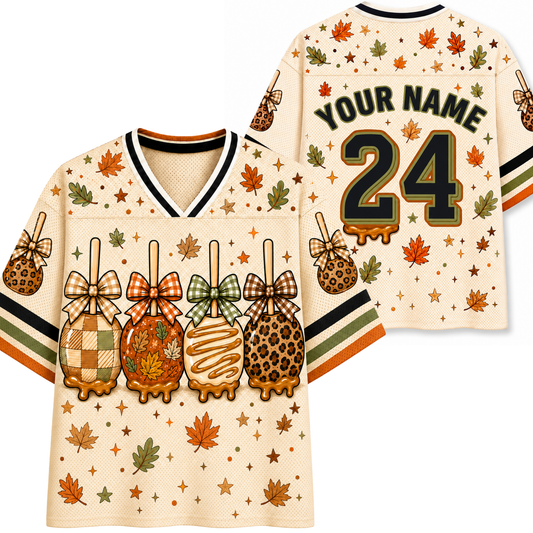 Front and back mockup preview of the warm cream Chaotic Club autumn jersey featuring caramel candy apples with bows and custom back number 24.
