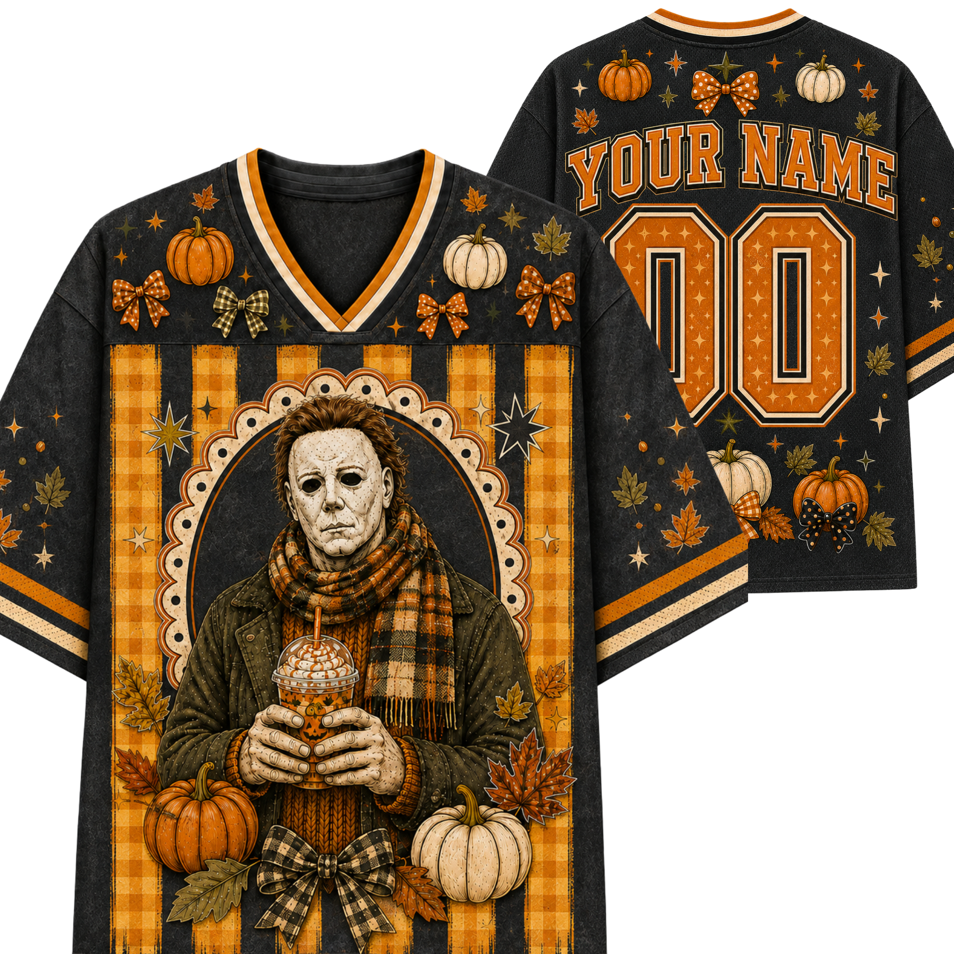 A custom Halloween-themed football jersey shown from the front and back on a plain white background. The jersey is black with orange and yellow plaid stripes, decorated with pumpkins, autumn leaves, bows, and a central graphic of Michael Myers holding an iced drink.