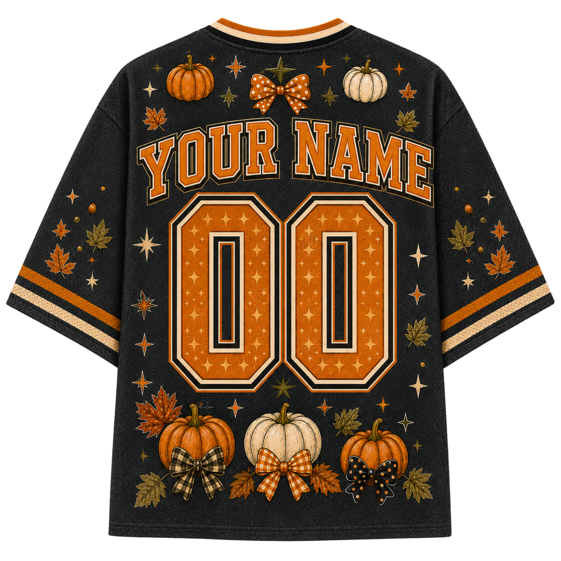 A black short-sleeve t-shirt with a festive autumn theme, featuring customizable orange text 'YOUR NAME' and numbers '00' on the back, decorated with pumpkins, leaves, and stars.