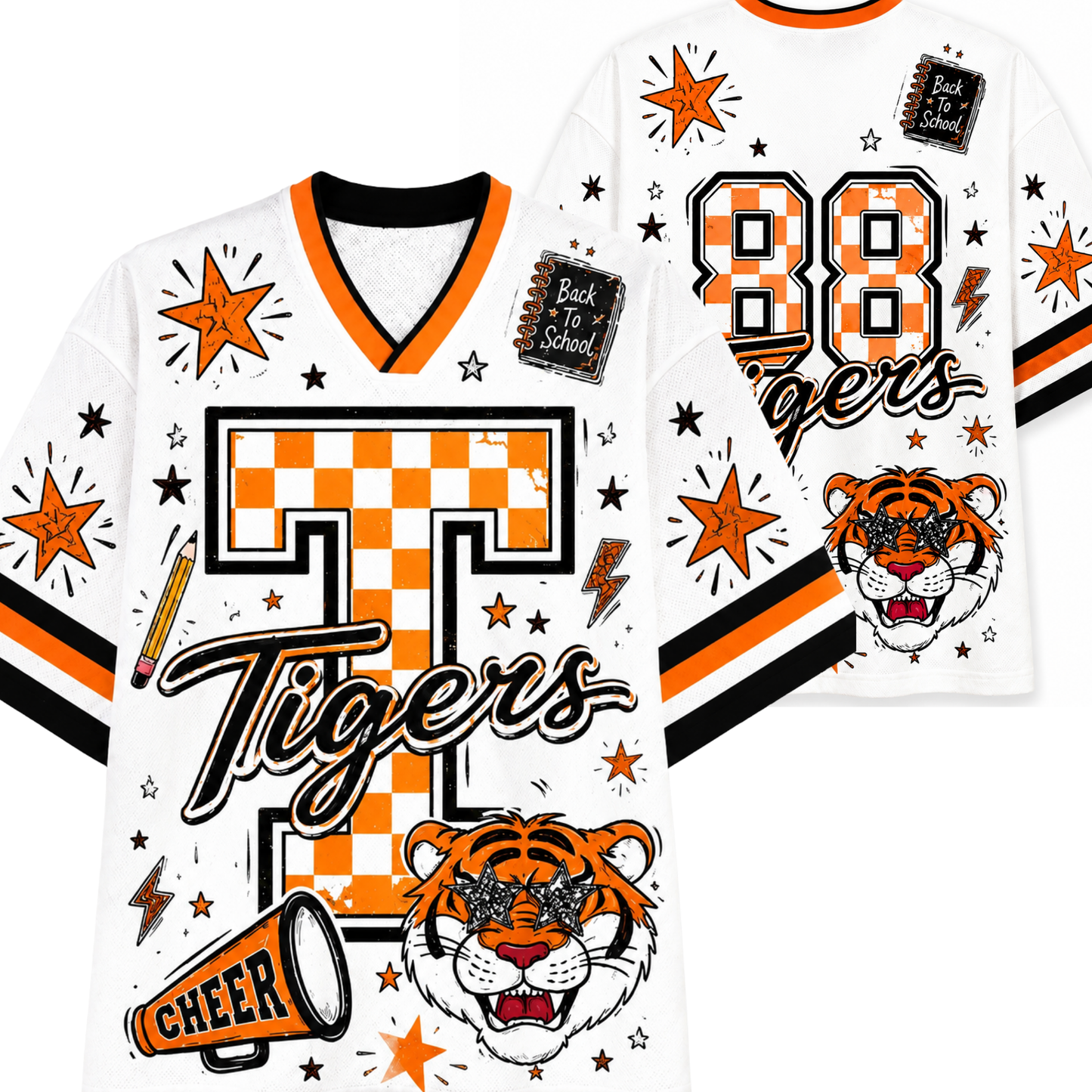 A white V-neck hockey-style jersey with orange and black stripes, featuring a large orange-and-white checkered letter T, the word Tigers in script, a tiger face graphic, stars, lightning bolts, a megaphone, and decorative patches on the front and back.