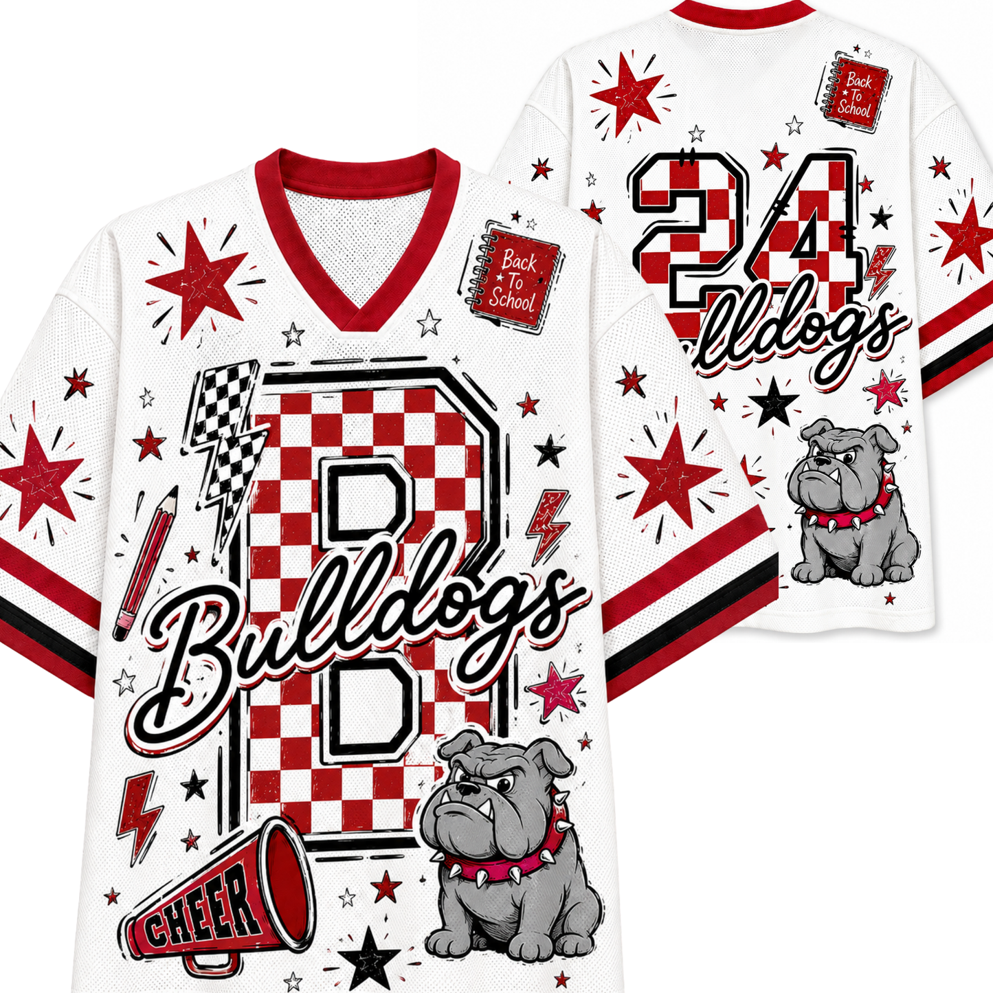 White V-neck athletic jersey with red and black checkered graphics, featuring the word 'Bulldogs', the number 24, a bulldog illustration, stars, and 'Back to School' patches on a white background.