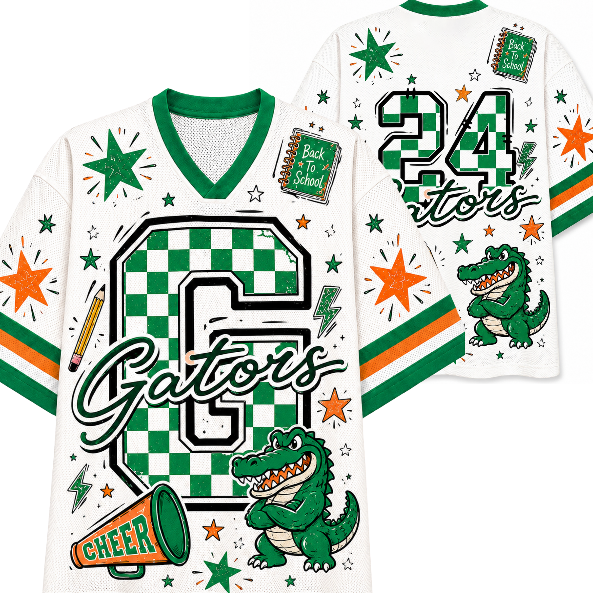 White V-neck football jersey shown from the front and back, featuring green and white checkerboard graphics, a large 'G' with 'Gators' script, a green alligator mascot, orange starbursts, green and orange stripes on the sleeves, and '24' on the back.
