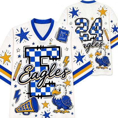 White Eagles cheerleader jersey with blue and yellow graphics, featuring a large letter E, the number 24, eagle illustration, stars, lightning bolts, and 'Back to School' patch graphic.