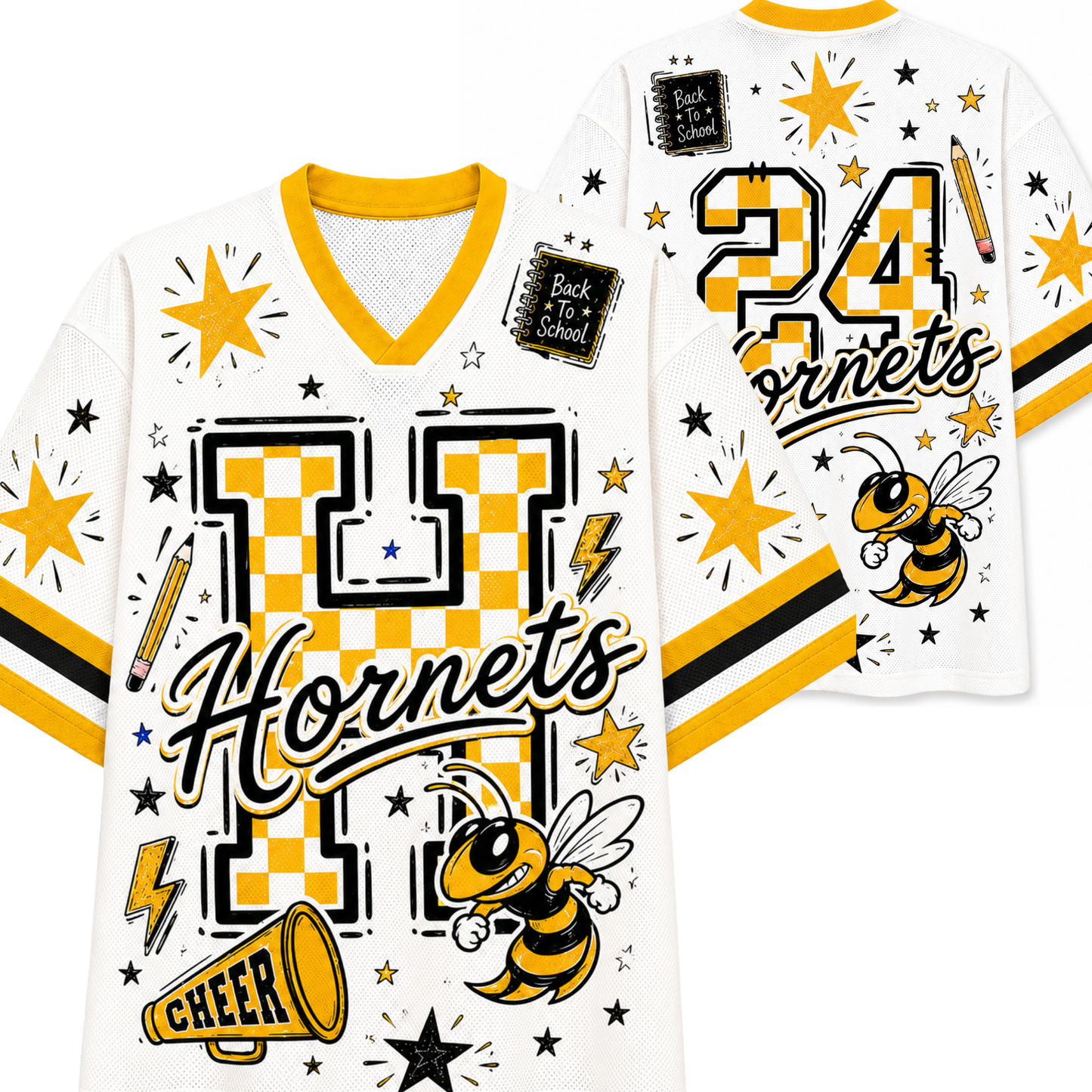 White and yellow varsity-style jersey shown from the front and back, featuring a large checkerboard 'H', the word 'Hornets', the number '24', a hornet bee graphic, stars, lightning bolts, and decorative patches.