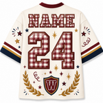 Custom sports jersey back view with a cream base, red and white gingham patterned number 24 and 'NAME' text, navy and gold sleeve stripes, decorative stars, laurel wreaths, and a shield with a 'W' at the bottom.