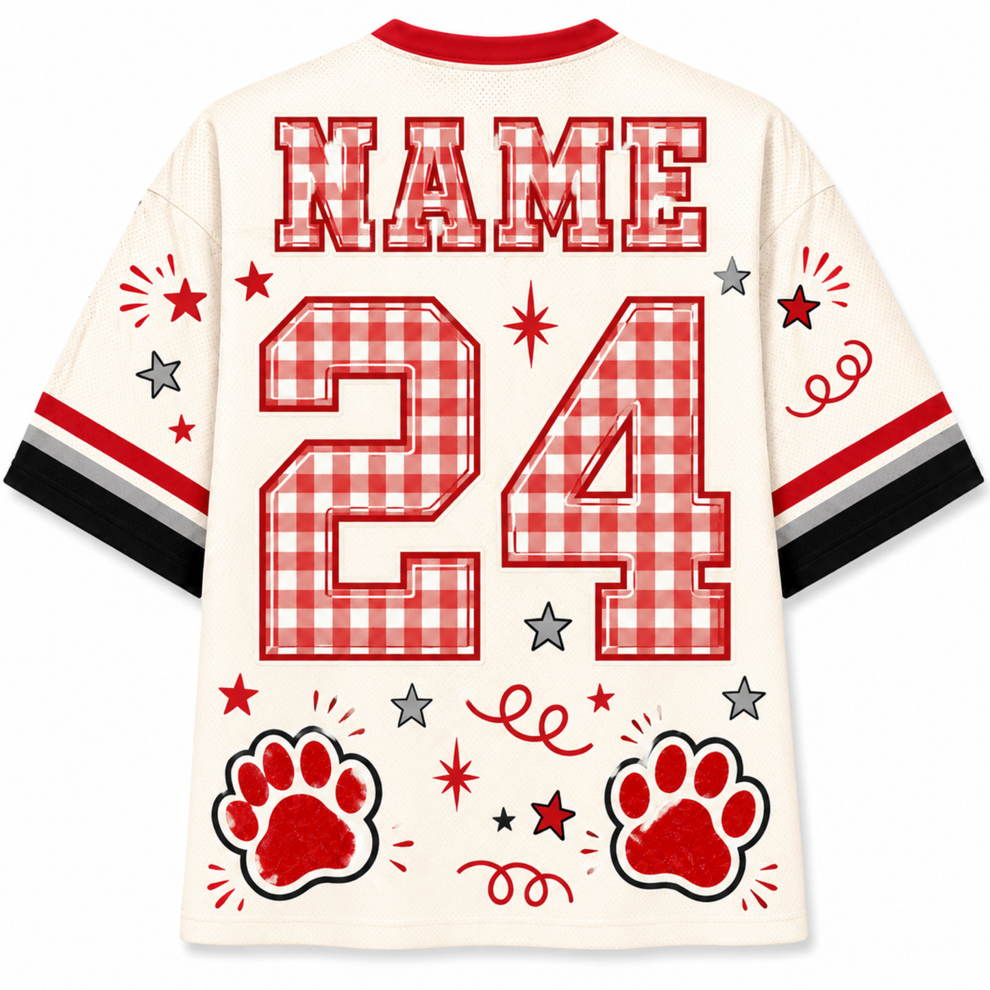 A cream-colored athletic-style jersey shown from the back, featuring a red and white gingham patterned number 24 and the word 'NAME' above it. The jersey has red paw prints, red and gray stars, and red, white, and black striped sleeves.