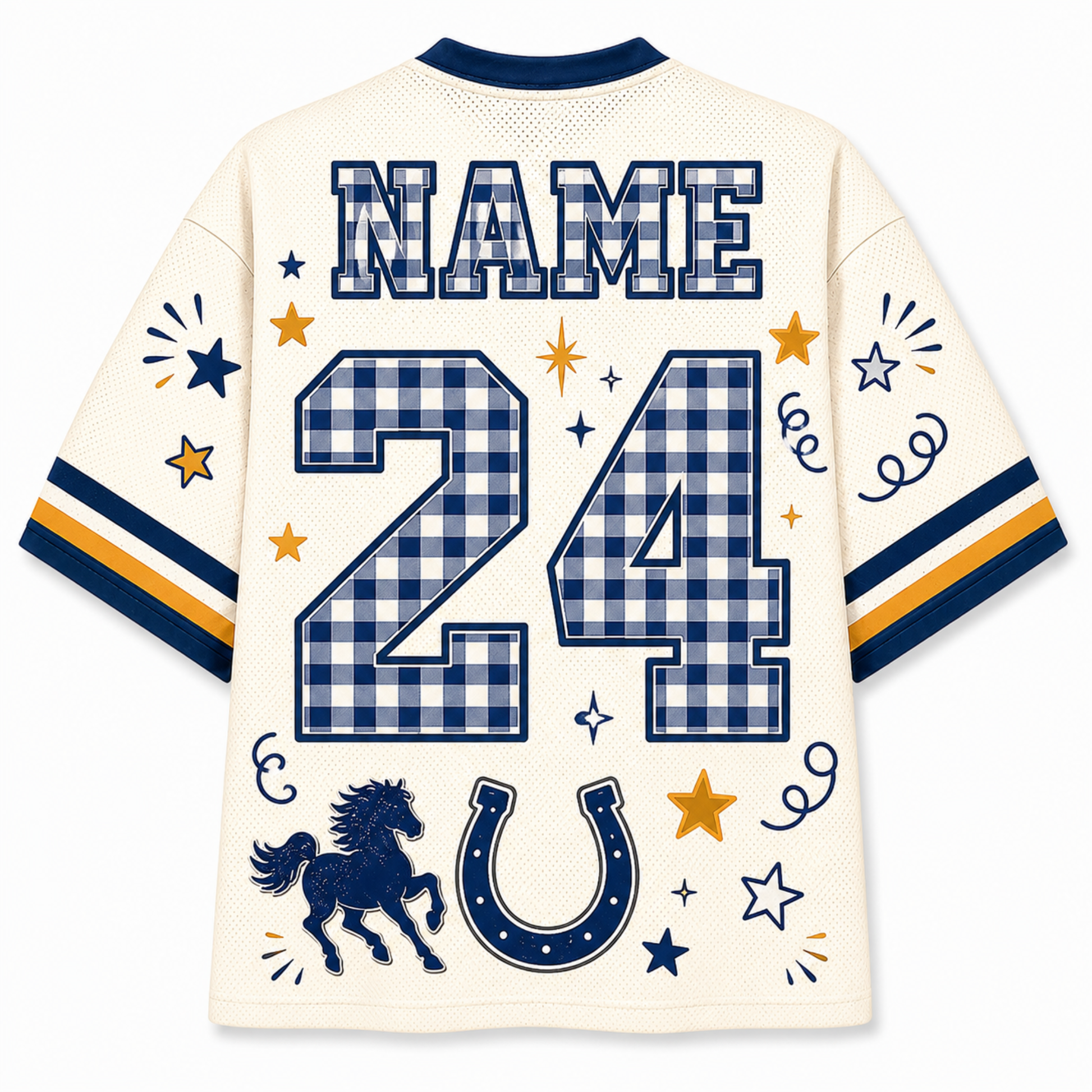 Back view of a cream-colored short-sleeve jersey with navy and gold sports-style graphics. The jersey features a gingham patterned number 24, the word 'NAME' above it, a horse silhouette, a horseshoe, stars, and decorative swirls on the sleeves.