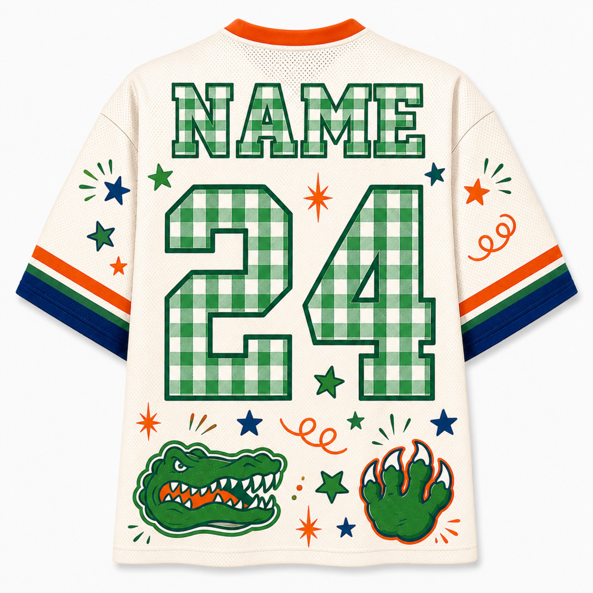 A custom Florida Gators themed jersey shown from the back, featuring a cream base with green gingham check patterns, orange and navy sleeve stripes, and custom text reading 'NAME 24'.
