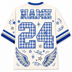 Customizable football jersey back view with blue and white gingham patterned number 24, 'NAME' text, stars, swirls, and angel wings on an off-white background.