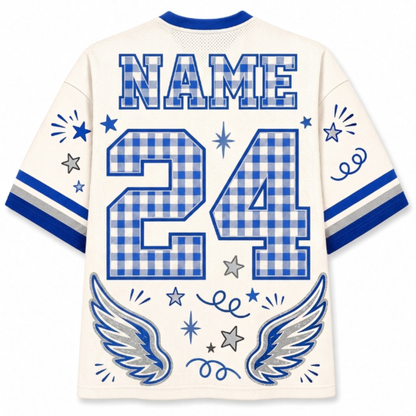 Customizable football jersey back view with blue and white gingham patterned number 24, 'NAME' text, stars, swirls, and angel wings on an off-white background.