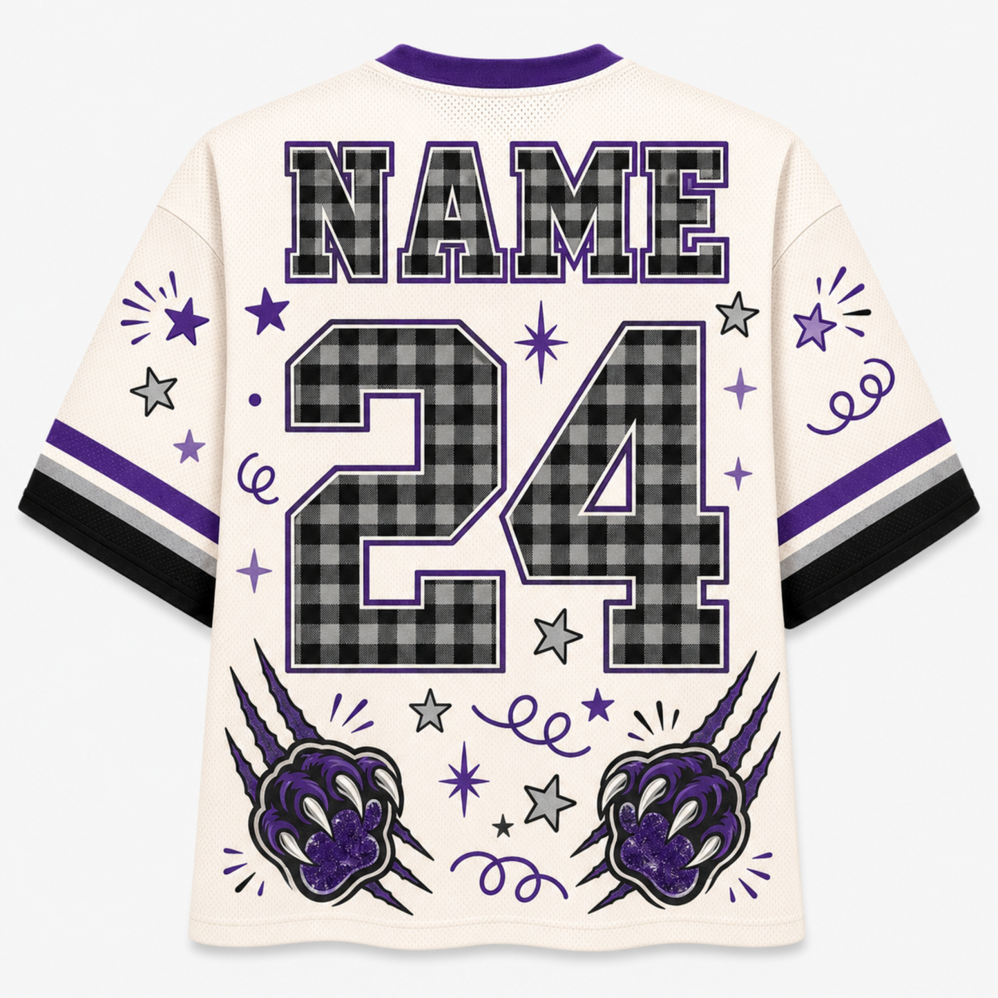 A custom sports jersey shown from the back, featuring a cream-colored body with purple and black plaid graphics. The back displays 'NAME' and the number '24' in a black and gray plaid pattern, framed by purple and black stripes on the sleeves.