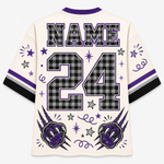 A custom sports jersey shown from the back, featuring a cream-colored body with purple and black plaid graphics. The back displays 'NAME' and the number '24' in a black and gray plaid pattern, framed by purple and black stripes on the sleeves.