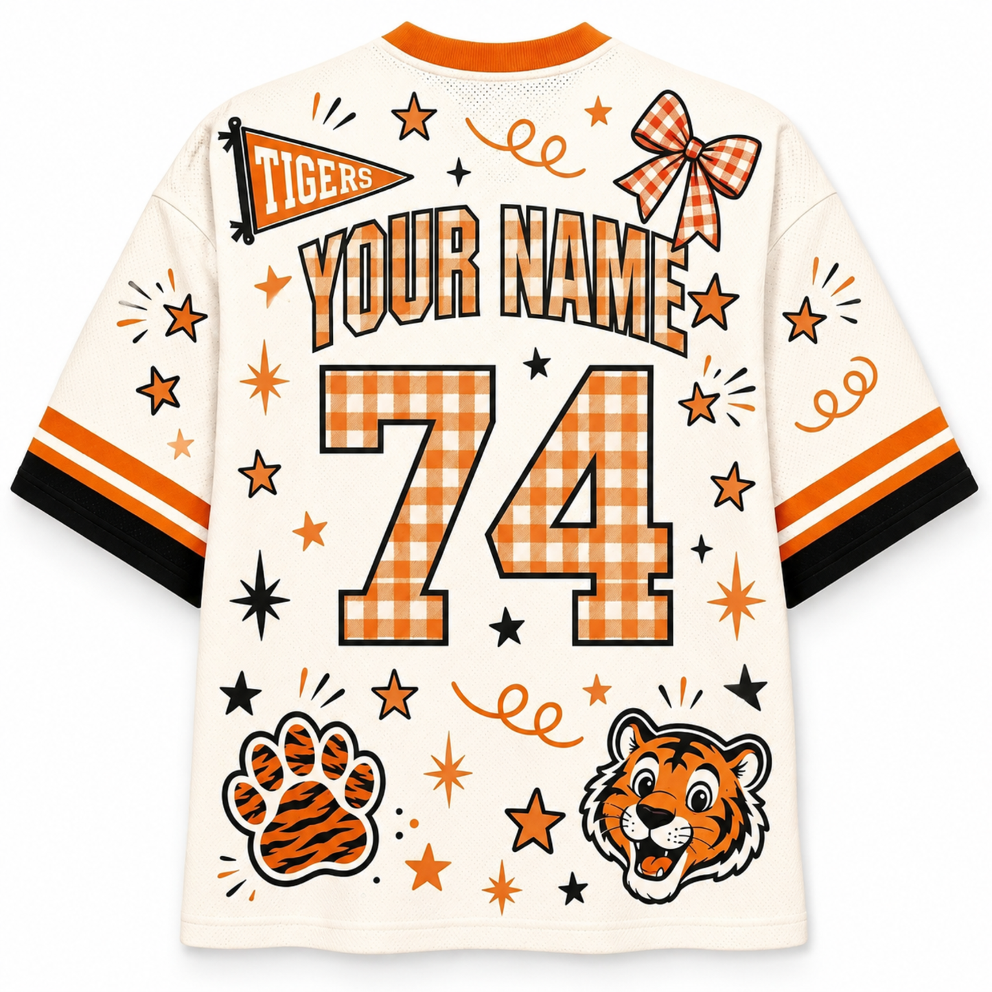Back view of a white short-sleeve sports jersey with orange and black accents, featuring customizable text 'YOUR NAME', number '74' in gingham, tiger mascot graphic, paw print, stars, and a bow on the shoulders.