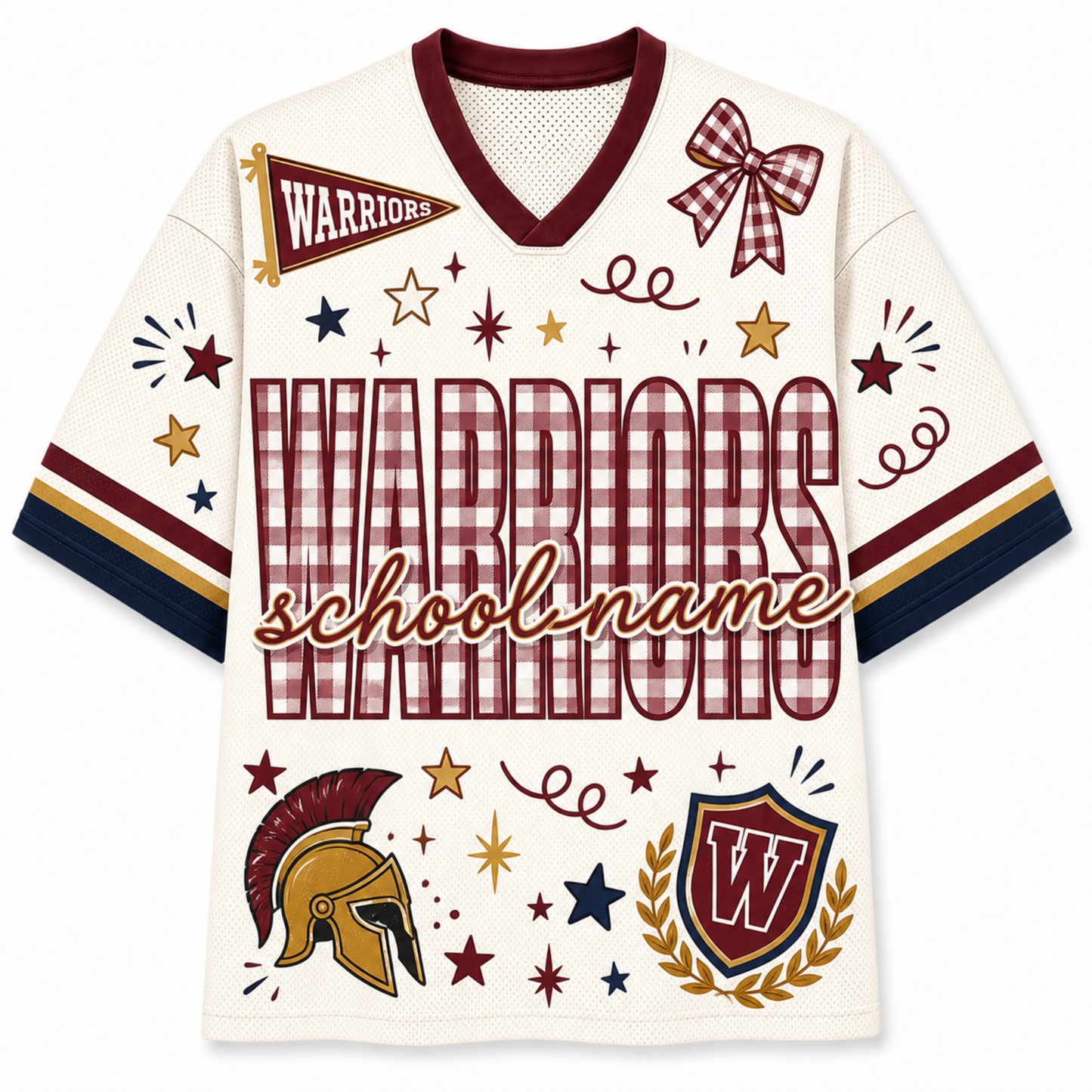 A custom sports jersey template on a white background, featuring a cream base with maroon and navy gingham patterns, a maroon V-neck, and school-themed graphics including a bow, stars, a Spartan helmet, and a shield with a 'W' logo.
