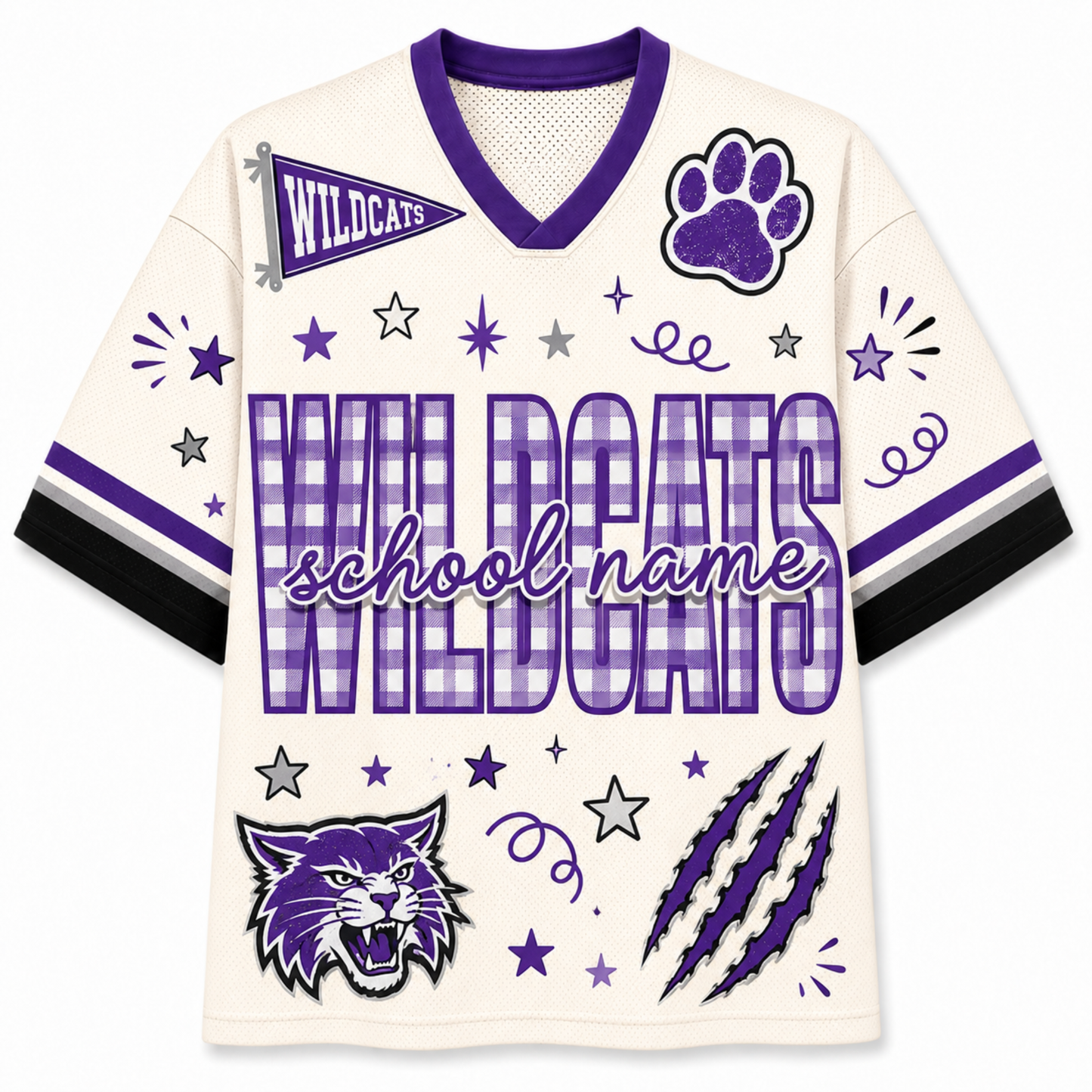 A custom white and purple short-sleeve V-neck jersey with 'WILDCATS' and 'school name' text, a paw print, a wildcat head graphic, stars, stripes, and claw marks on the front.