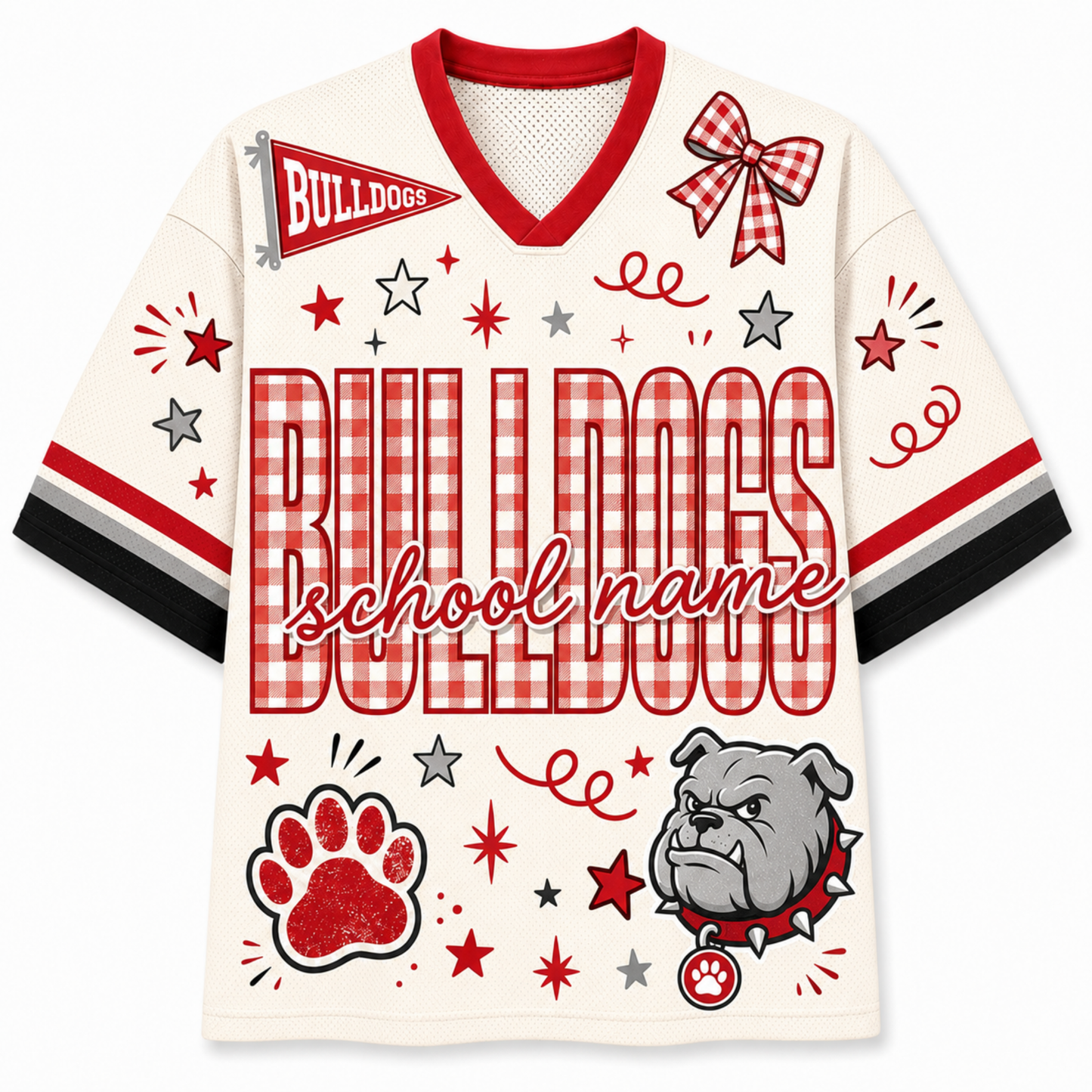 A custom cream-colored short-sleeve V-neck jersey with red and black striped sleeves, featuring a red gingham bow, bulldog mascot graphic, paw print, and the text 'BULLDOGS' and 'school name' in red and gray.