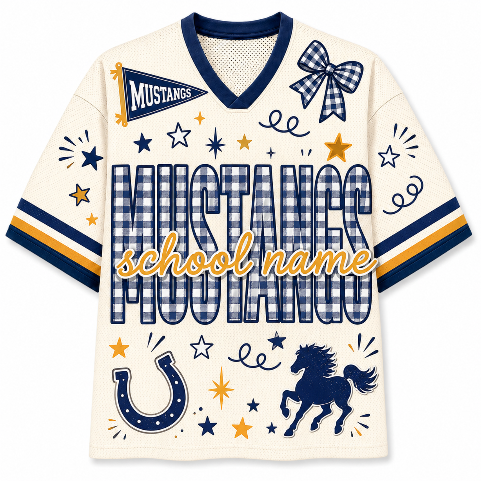 A cream-colored V-neck football jersey with navy blue and gold graphics. The jersey features the word 'MUSTANGS' in a blue-and-white gingham pattern, a blue-and-white gingham bow on the chest, a blue horseshoe, a blue horse silhouette, and a gold script overlay reading 'school name'.