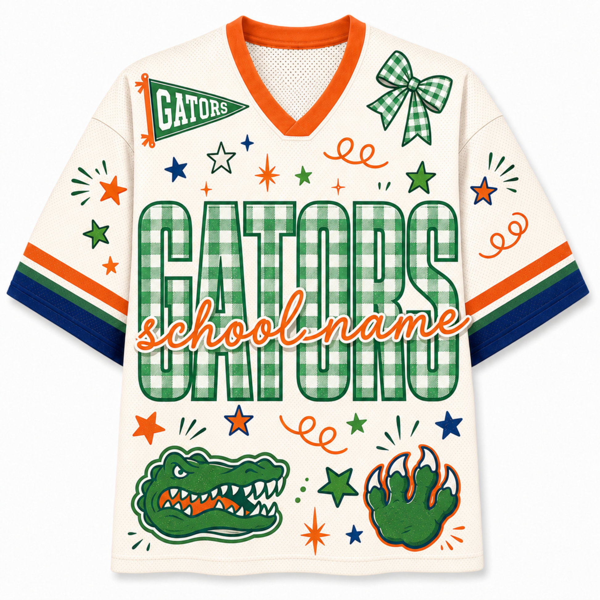 A Florida Gators themed short-sleeve jersey with a cream base, green and white gingham pattern, orange trim, and collegiate graphics including an alligator head, paw print, stars, and the word 'GATORS' across the front.