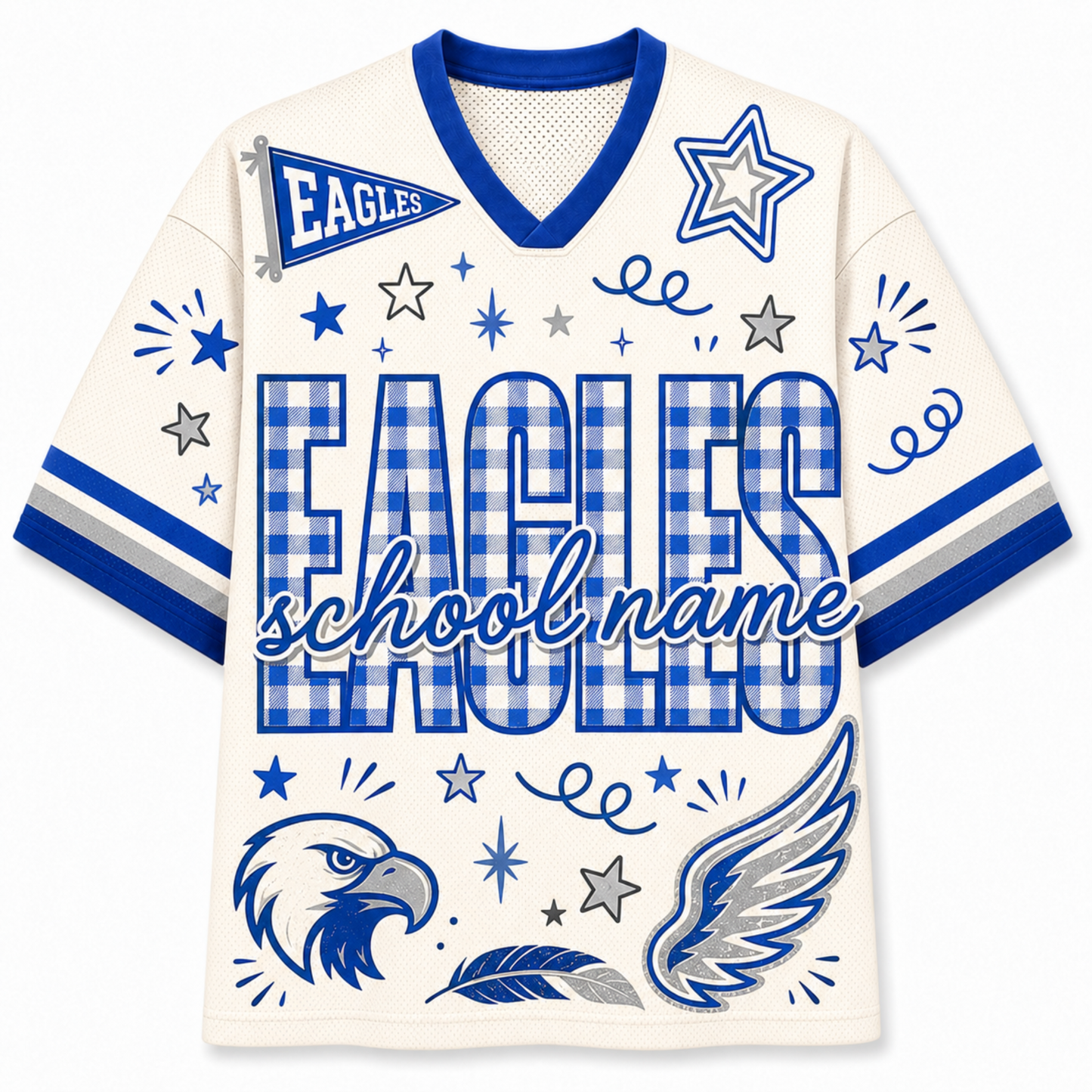 A custom V-neck football jersey in cream with blue and gray gingham patterns, featuring 'EAGLES' and 'school name' text, a blue and gray eagle head, wings, stars, and stripes on the sleeves.