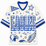A custom V-neck football jersey in cream with blue and gray gingham patterns, featuring 'EAGLES' and 'school name' text, a blue and gray eagle head, wings, stars, and stripes on the sleeves.