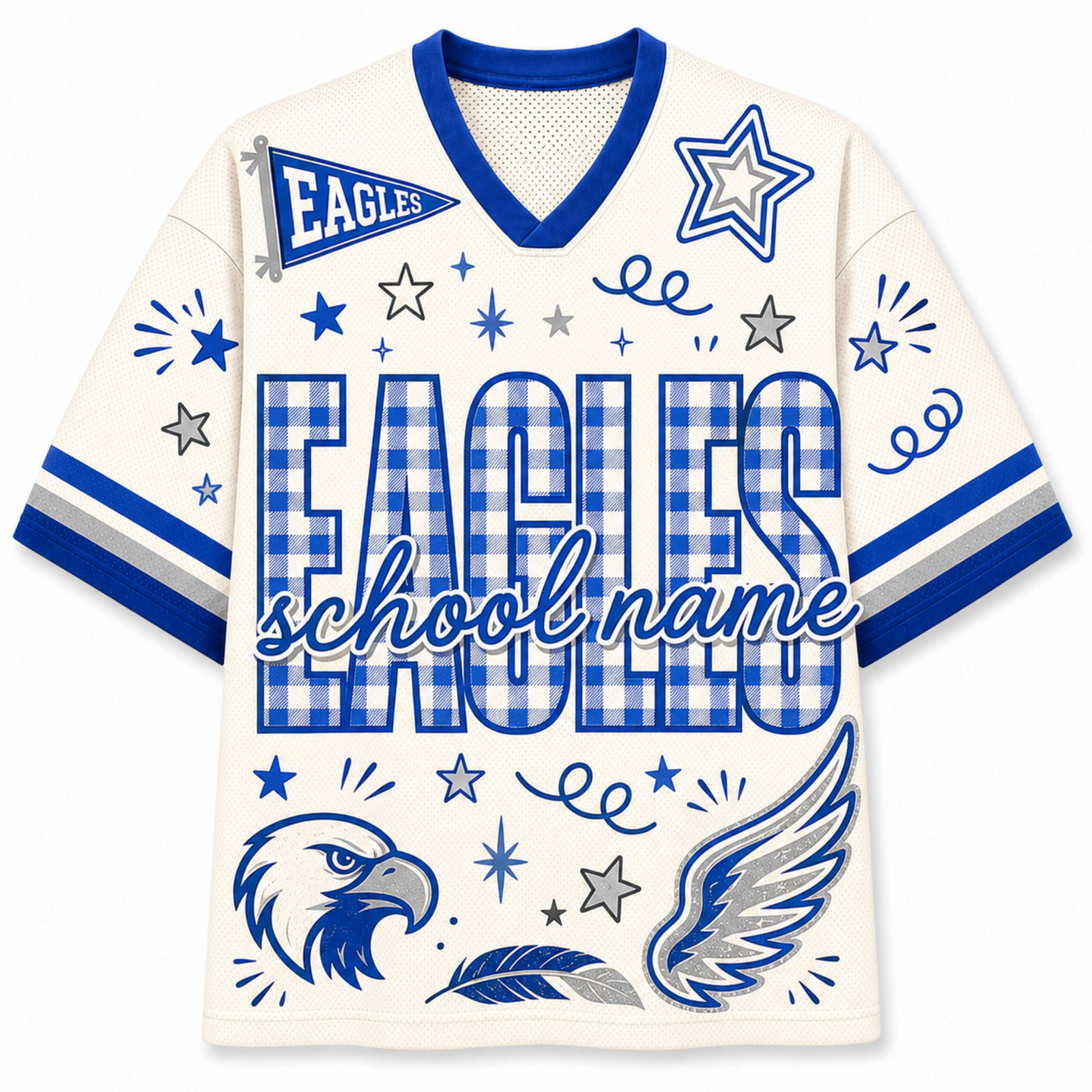 A custom V-neck football jersey in cream with blue and gray gingham patterns, featuring 'EAGLES' and 'school name' text, a blue and gray eagle head, wings, stars, and stripes on the sleeves.